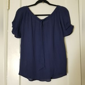 JOIE blue short ruched sleeve tie back round neck silk blouse XS